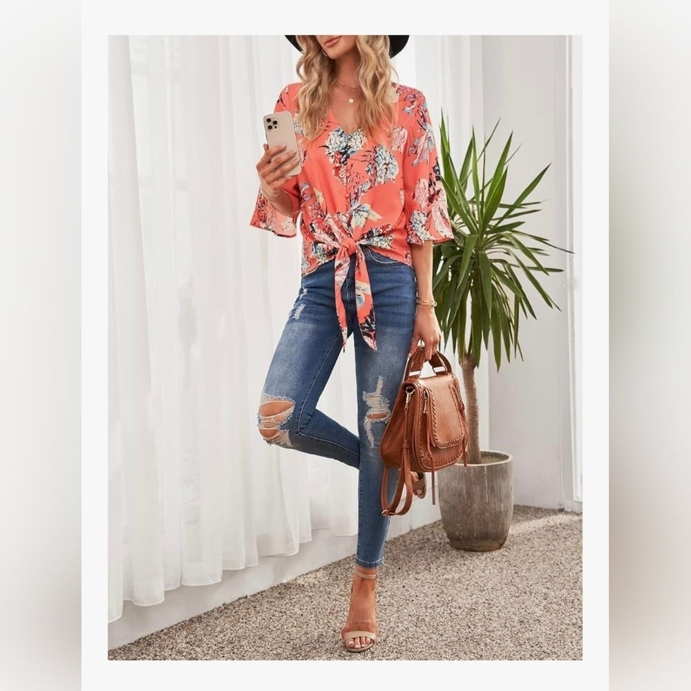 Tie Knot, Button Down Floral Blouse #1036 - Picture 8 of 11